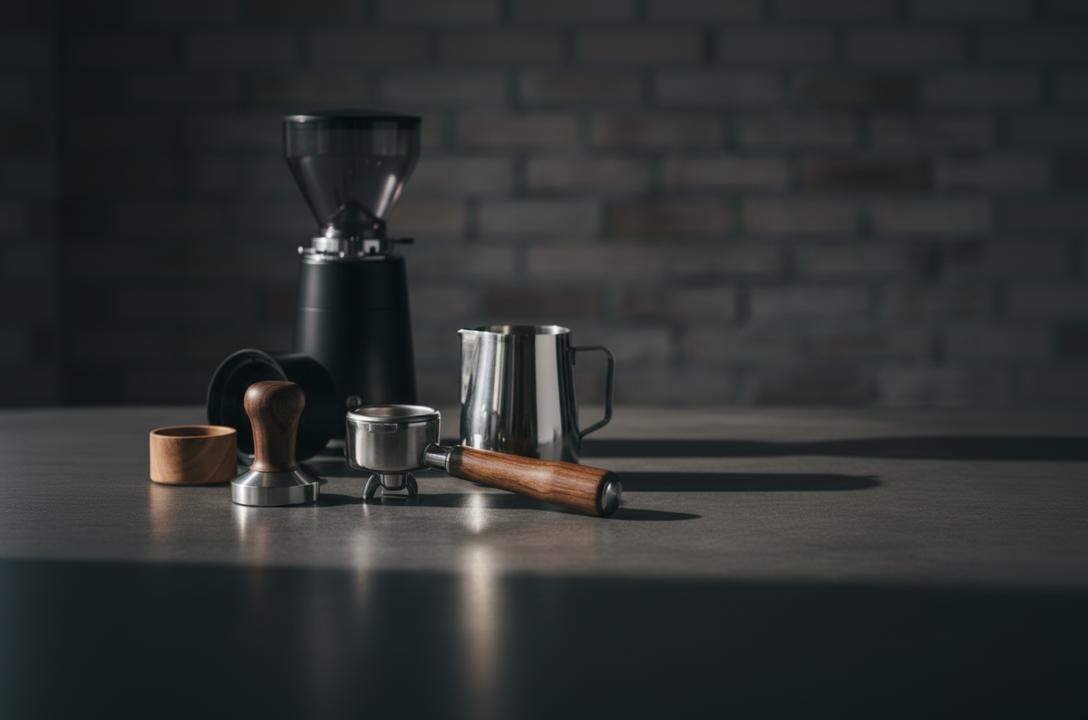 Coffee-making equipment including a grinder, portafilter, and cups on a dark surface with a brick wall background.