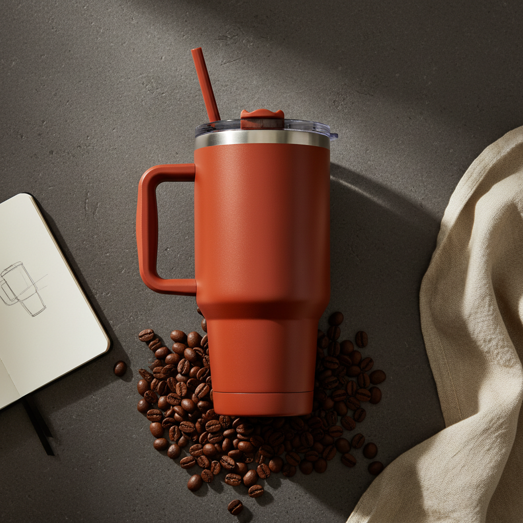 Toolbox Coffee 40 oz Rust Insulated Tumbler flat lay with coffee beans and linen
