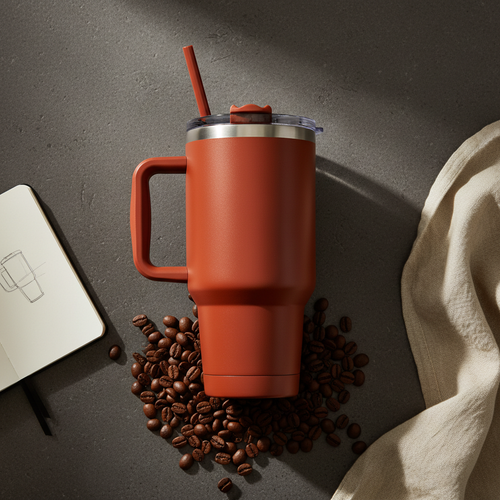 Toolbox Coffee 40 oz Rust Insulated Tumbler flat lay with coffee beans and linen