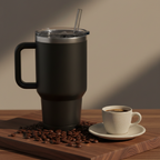 Toolbox Coffee 40 oz Charcoal Tumbler on walnut surface with espresso cup and beans