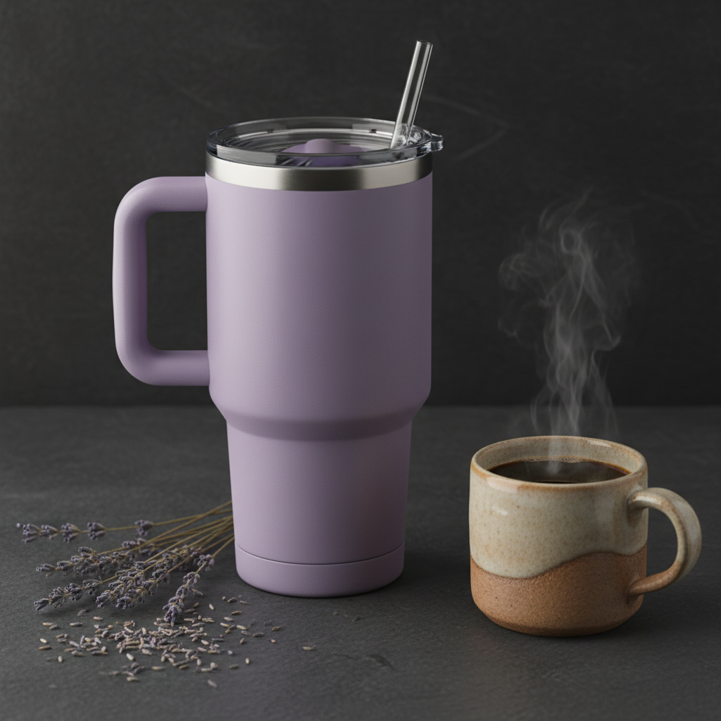 Toolbox Coffee 40 oz Light Purple Tumbler on slate surface with lavender and ceramic mug