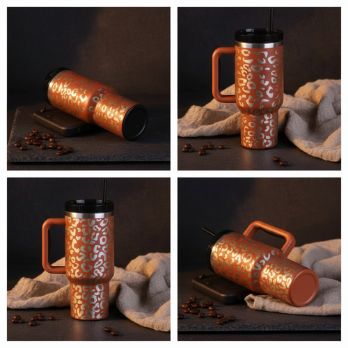 Toolbox Coffee 40 oz Rust Tumbler 4-panel lifestyle shot with coffee beans and linen