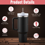 Toolbox Coffee 40 oz Charcoal Tumbler infographic with specs on dark walnut surface