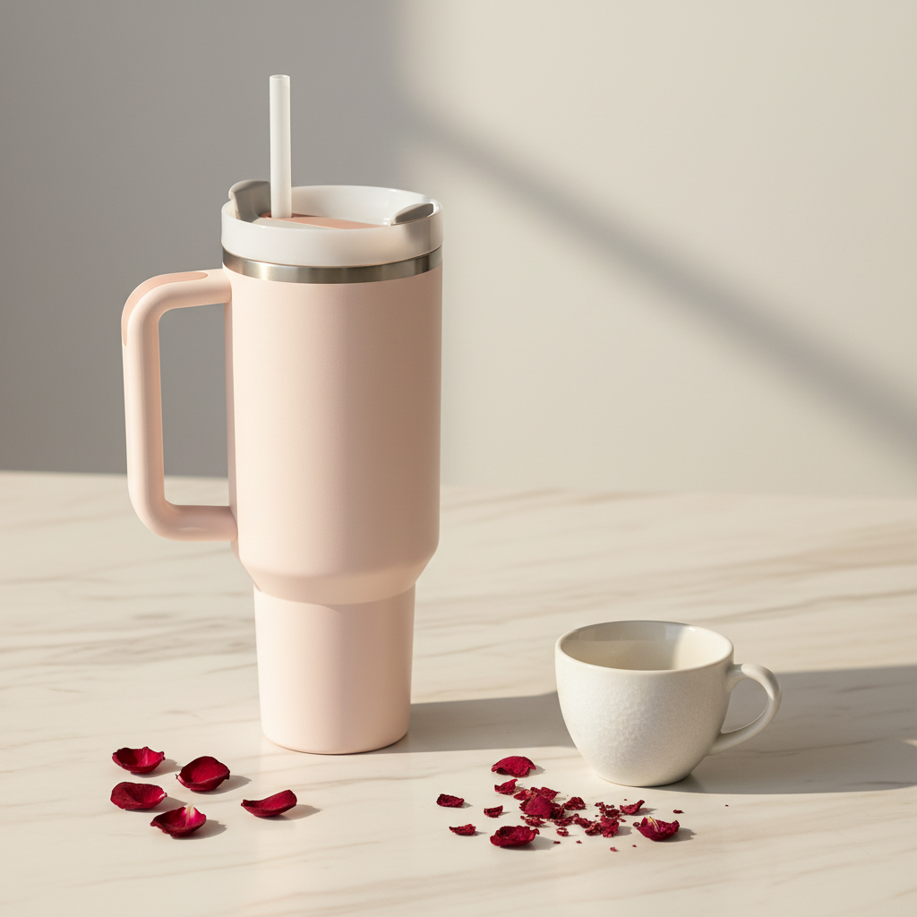 Toolbox Coffee 40 oz Rose Quartz Tumbler on marble surface with dried rose petals and ceramic cup