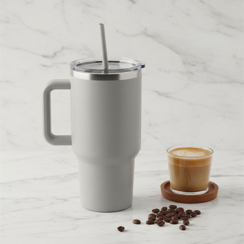 Toolbox Coffee 40 oz Light Grey Tumbler on marble countertop with latte glass
