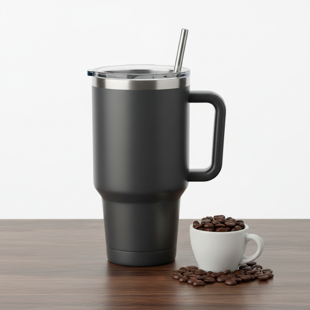 Toolbox Coffee 40 oz Charcoal Insulated Tumbler on walnut surface with espresso and coffee beans