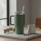 Toolbox Coffee 40 oz Eucalyptus Tumbler on stone surface with pour-over dripper