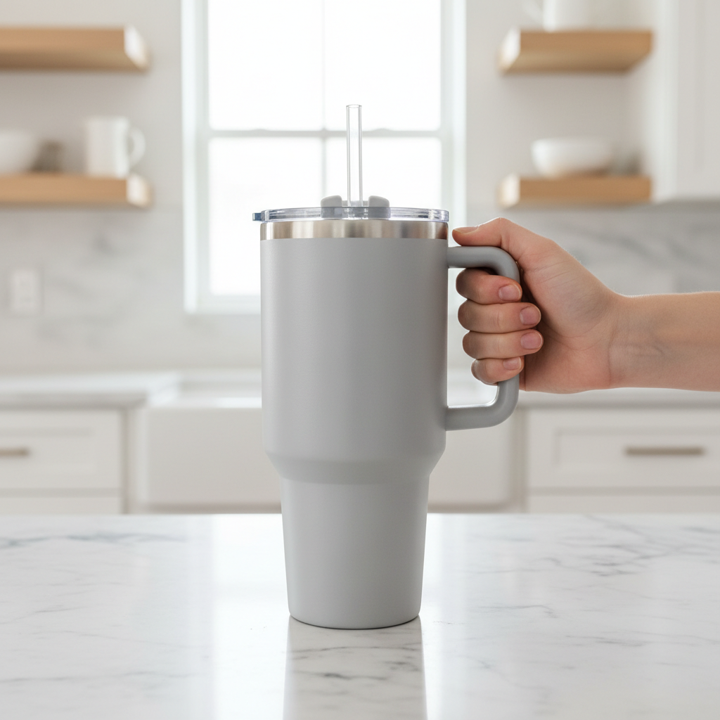 Toolbox Coffee 40 oz Light Grey Insulated Tumbler held in hand over marble countertop