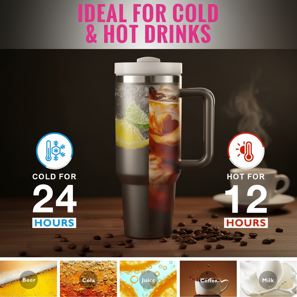 Toolbox Coffee 40 oz Tumbler product details on dark walnut surface with warm moody lighting