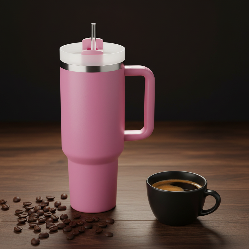 Toolbox Coffee 40 oz Peony Tumbler on walnut surface with espresso cup and coffee beans