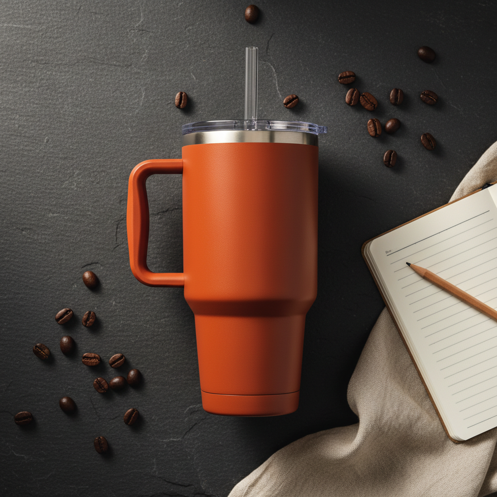 Toolbox Coffee 40 oz Rust Tumbler flat lay with coffee beans and linen