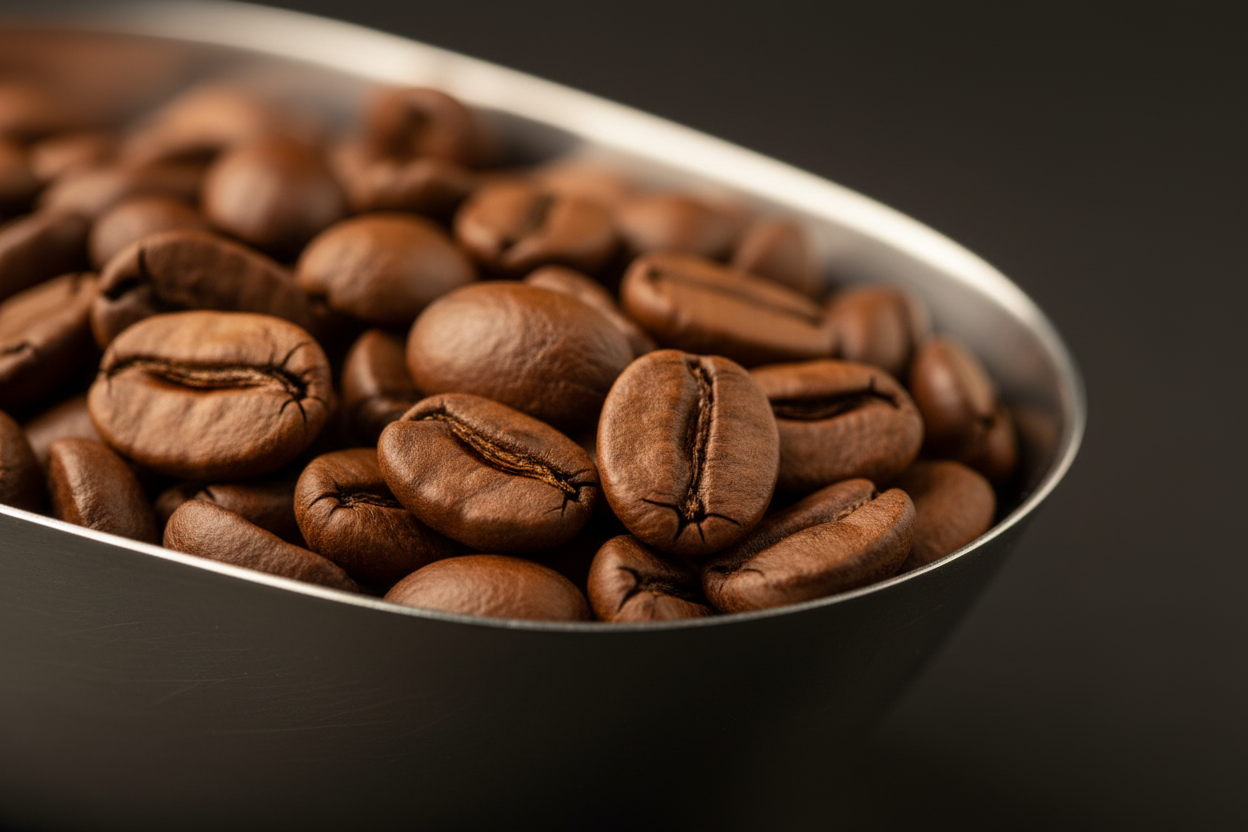 Macro roasted beans on steel scoop with Toolbox Coffee bag