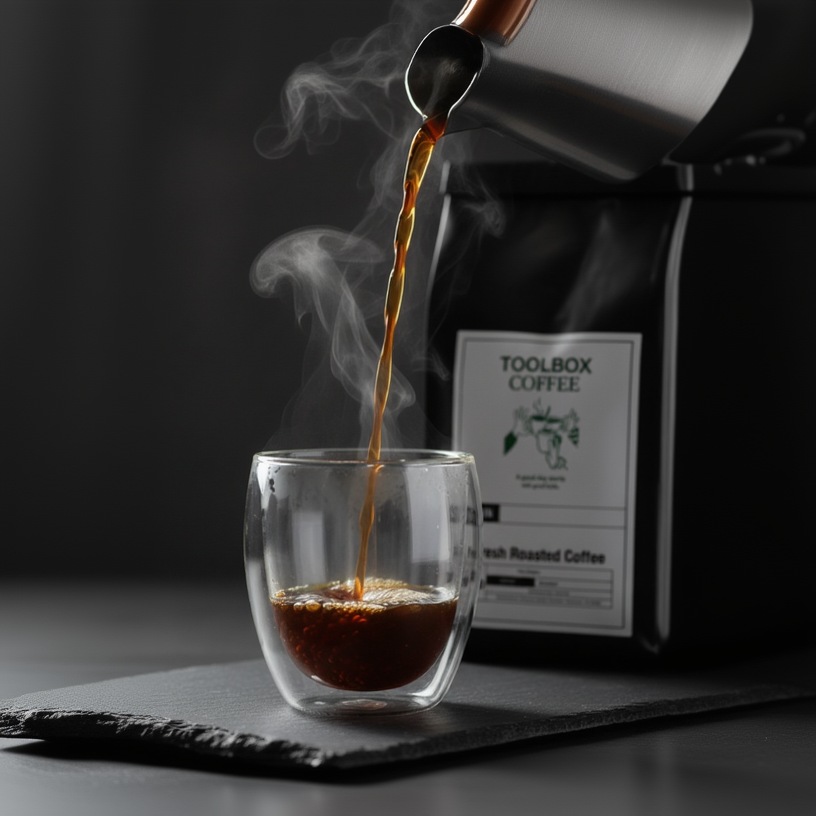 Steam pour into double wall glass mug with Toolbox Coffee bag